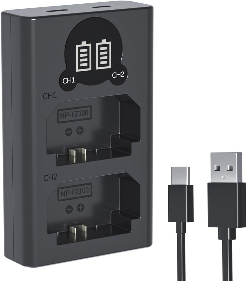 L & P NP-FZ100 Camera Battery Charger, Dual USB Charger with LCD Display, Compatible with Sony A7iii, A7iv, A7C, A6700, A6600, ZV-E1, ZV-E10ii, FX3, FX30, A9, Alpha 9, Alpha 9S, A9S, A7R3, A7R4 Camera - Image 1